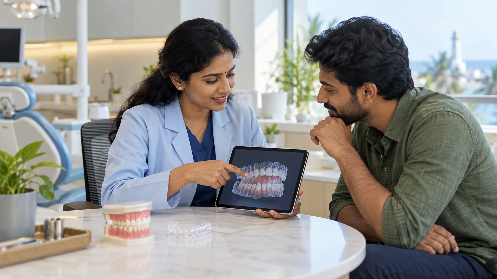 Invisalign eligibility in Pondicherry showing dentist consultation for clear aligner treatment
