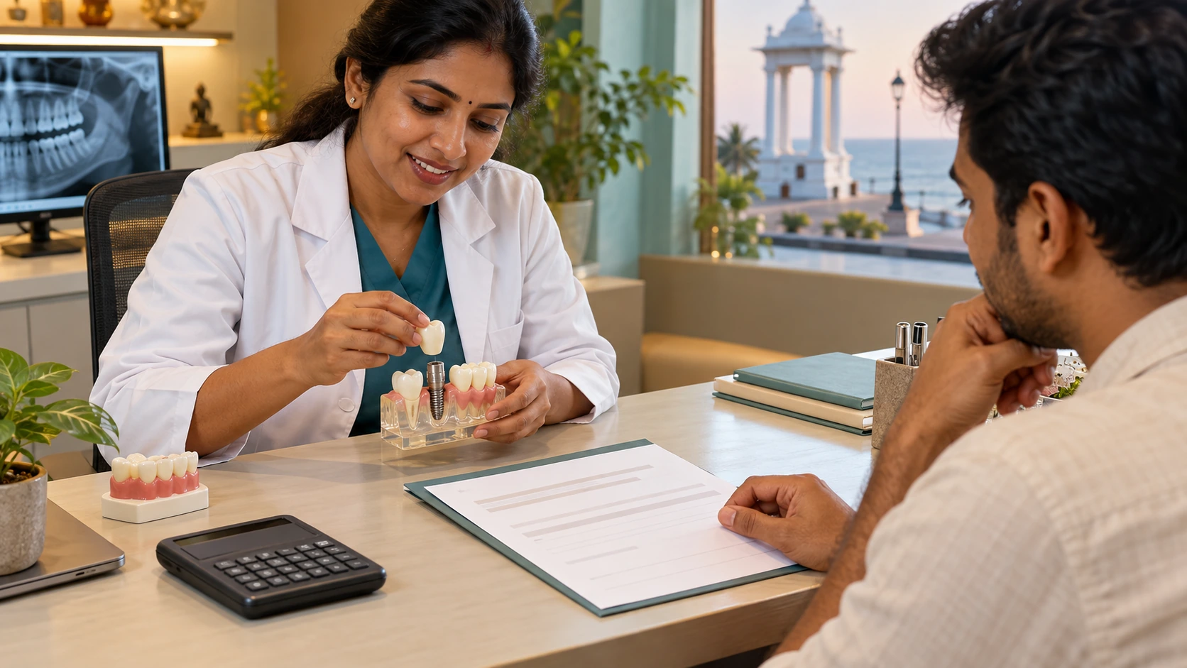 How much do dental implants cost in Pondicherry showing a dental implant consultation and treatment planning