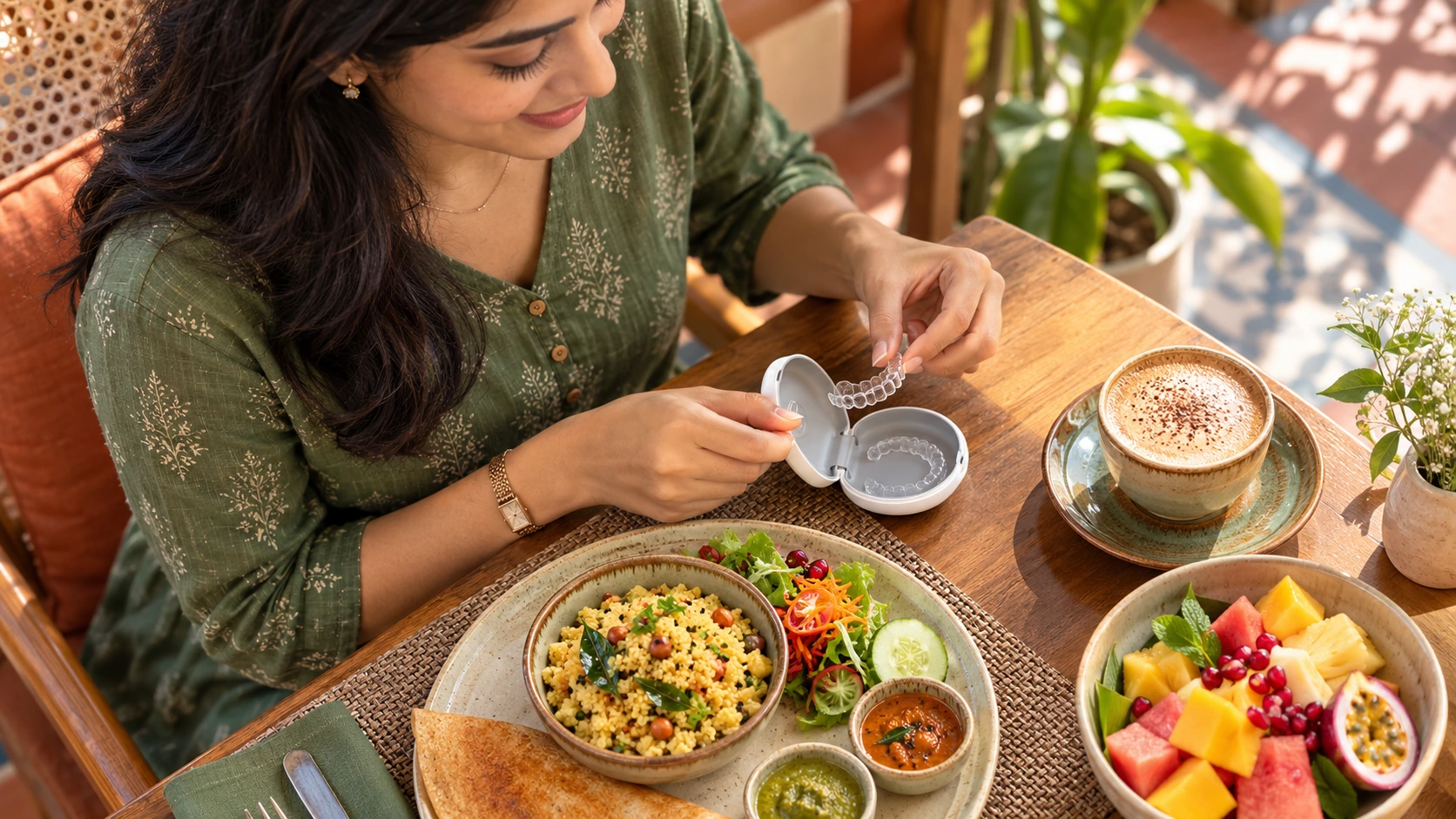 Foods to avoid with Invisalign in Pondicherry showing clear aligner care and healthy eating habits